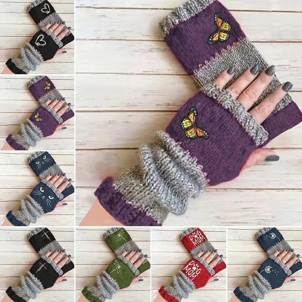 Trendy Accessories Embroidered Knit Gloves Thickened Warm Half Finger Gloves Cotton Soft Fingerless Gloves Autumn Winter