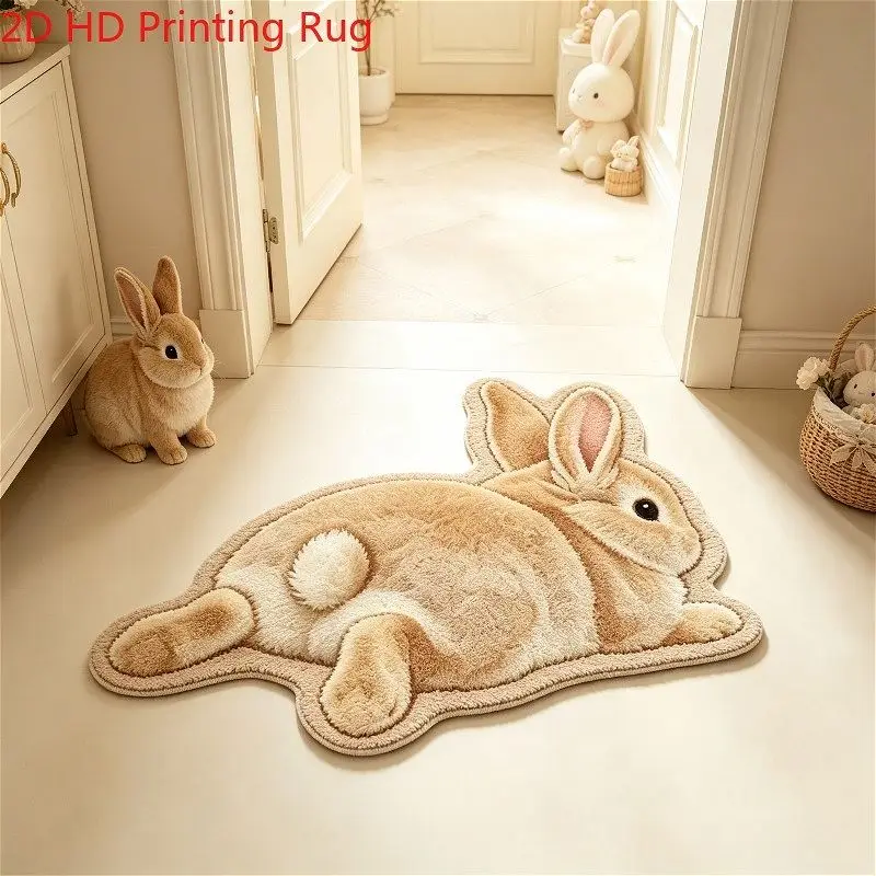 VIKAMA HD Sleeping Light Brown Rabbit shaped Plush Carpet Entrance Bathroom Living Room Cute Cartoon Home Floor Mat