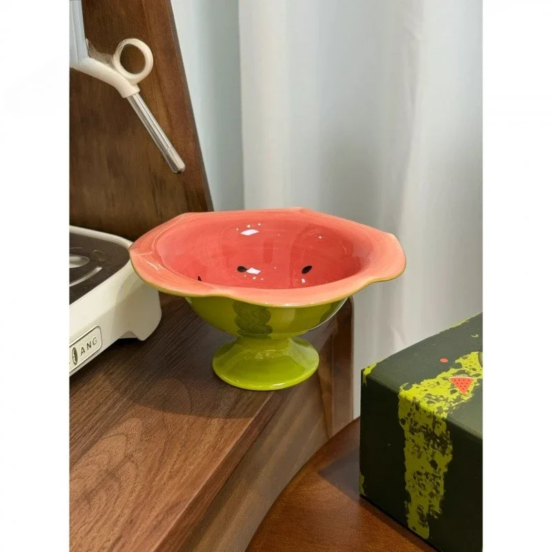 Summer cool high-value ceramic watermelon bowl underglaze color hand-painted fruit bowl high-footed fruit plate