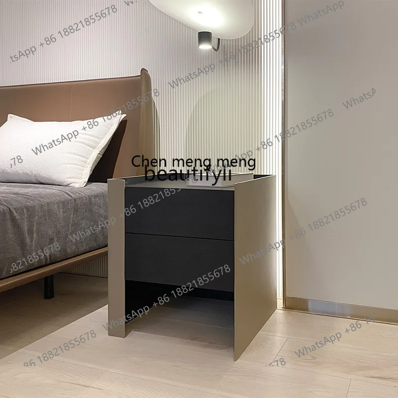 D178 Italian Minimalist Saddle Leather Modern Simple High-end Bedroom Smoked Solid Wood Bedside Cabinet