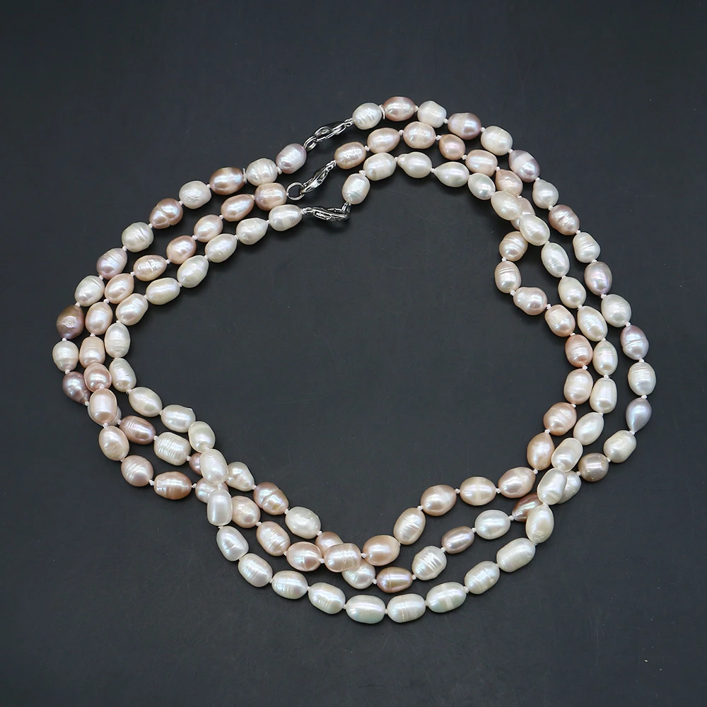 

Natural Freshwater Threaded Rice-Shaped Pearl Necklace With Silver Lobster Clasp Collar Chain Ladies' Anniversary Birthday Gift