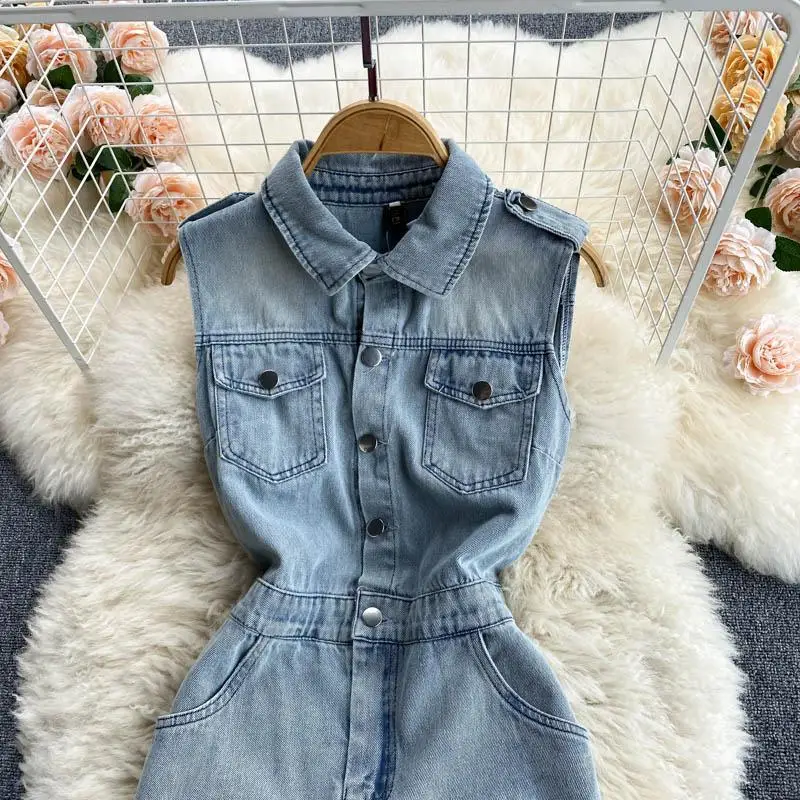 Summer Women Denim Dress Turn Down Collar Sleeveless Washed Denim MIni Dresses 2023 New Chic Female Slim Vestido