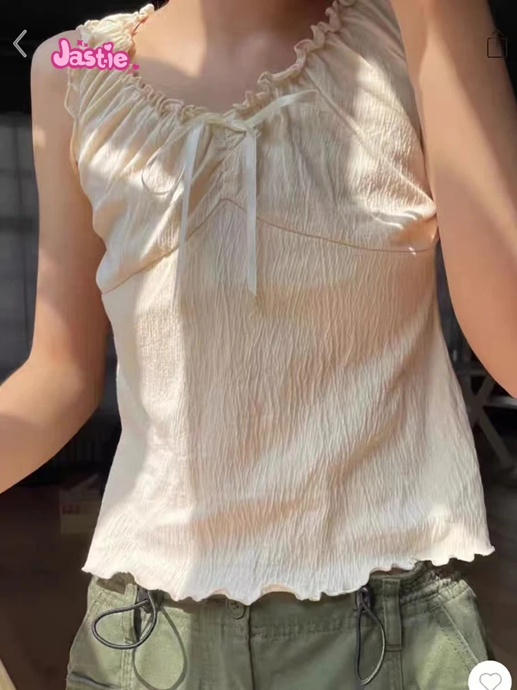 Vintage Ruffles V Neck Tank Tops Women Summer Retro Solid Sleeveless Slim Y2k Crop Top Female Sweet Cute Cotton Bow Vests 2024