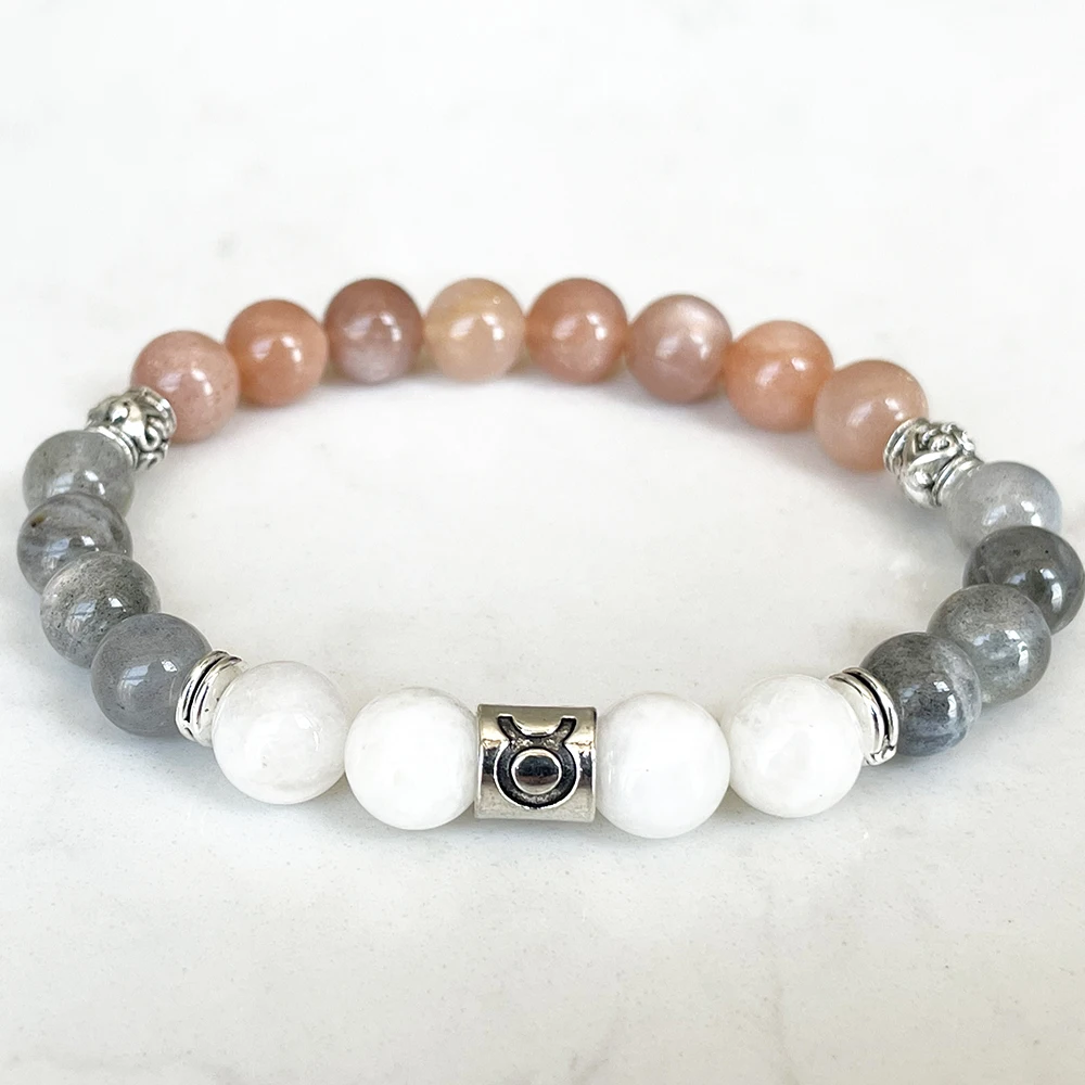 

MG1676 New Design Taurus Zodiac Bracelet For Women 8 MM Moonstone Sunstone Labradorite Wrist Mala Natural Gemstone Jewelry