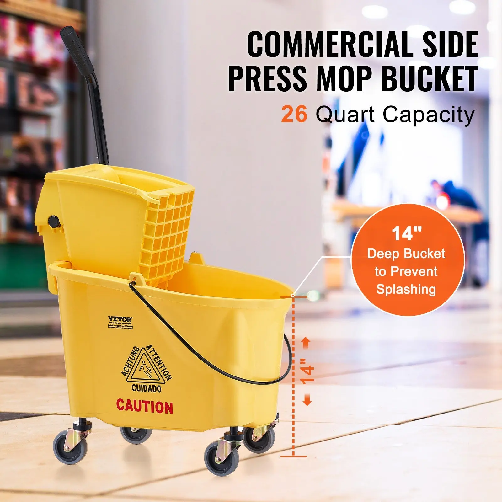 Mop Bucket with Wringer, 26 Qt. Commercial Mop Bucket with Side Press Wringer, Side-Press Mop Bucket and Wringer Combo on Wheels