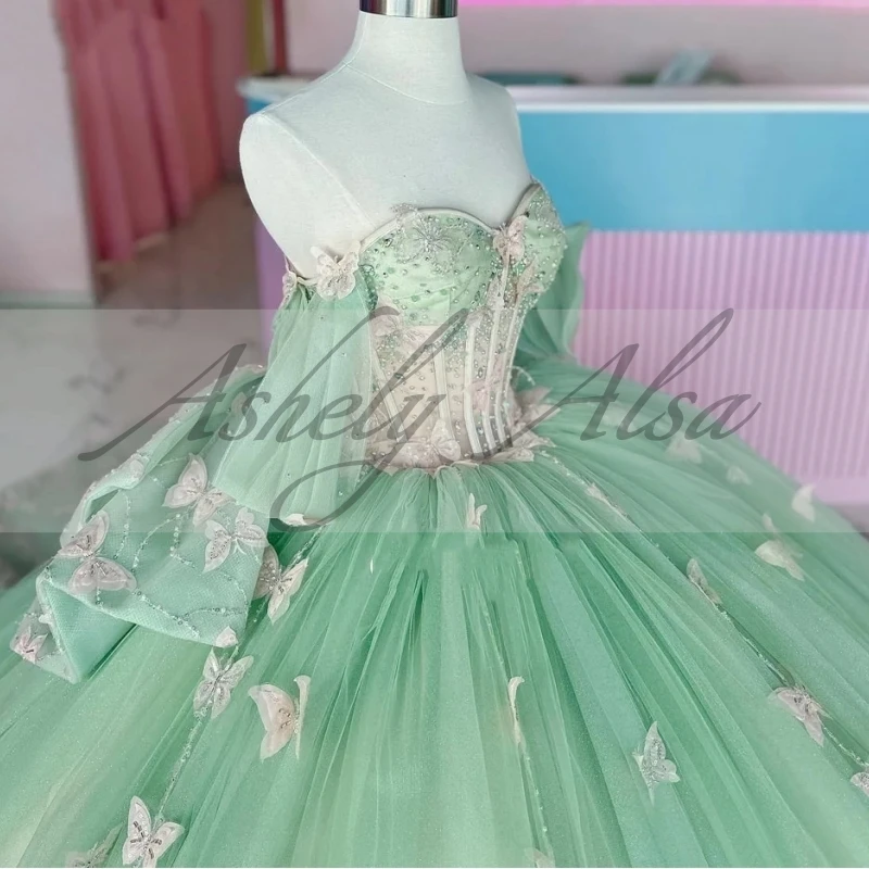 Customized 2025 Mexican Sky Blue 15 Year Old Girl Birthday Party Dress Illusion Butterfly Puffy Skirt Sweet 16 Quinceanera 14