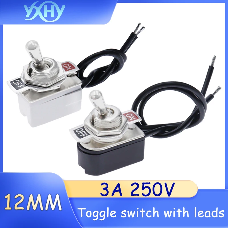 1PCS Metal rocker switch with 2 positions, wired knob switch, 3A 250V, small handle toggle power switch 12MM