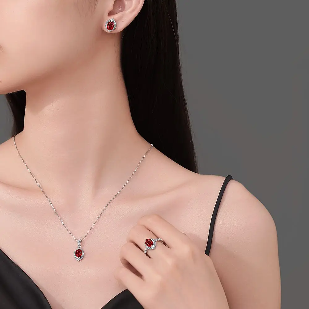 Oval Egg Shape Created Red Ruby Natural Garnet 925 Sterling Silver Jewelry Set Earring+Necklace+Ring for Women Gemstone Jewelry view 2