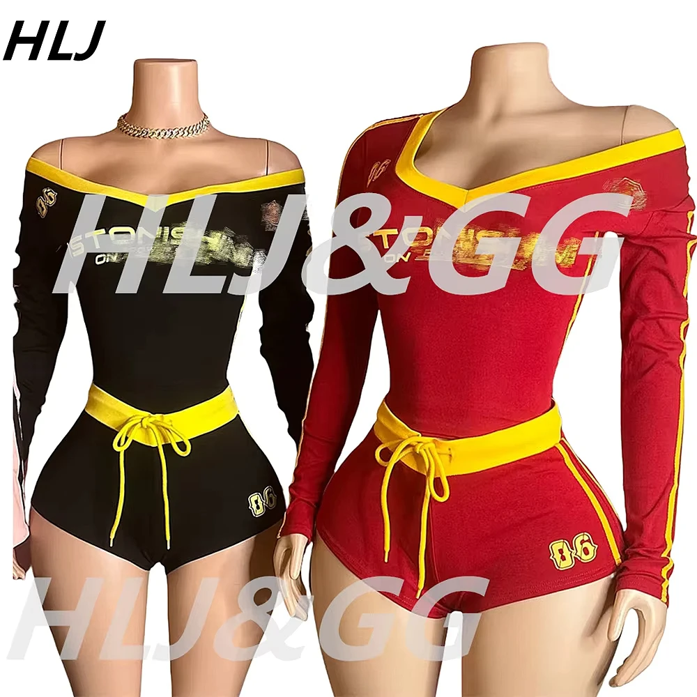 HLJ Retro Patchwork Letter Printing Sporty Two Piece Sets Women V Neck Long Sleeve Top And Drawstring Shorts Tracksuits Outfits