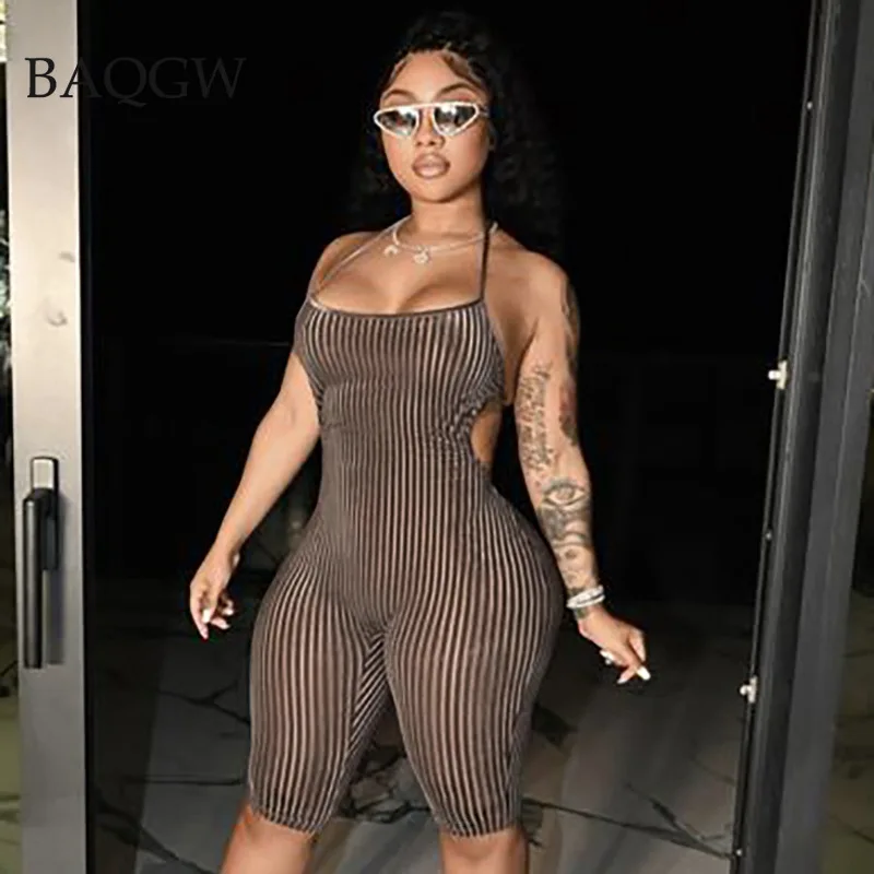 

Summer Women Playsuit Corduroy Striped Sexy Hollow Out Sleeveless Bodycon Slim Backless Rompers Y2K Halter Bandages Streetwear
