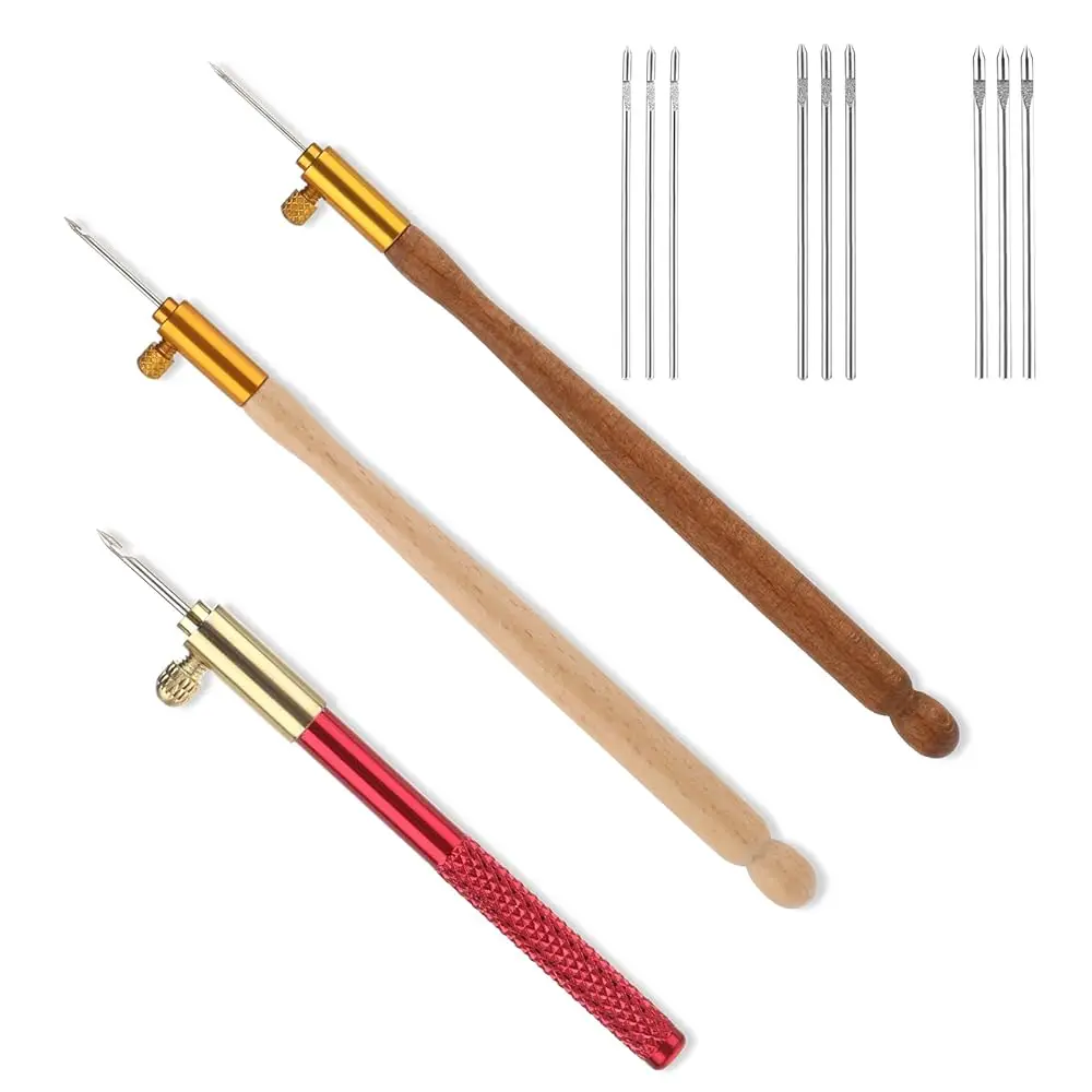 

3 Pcs Embroidery Crochet Hook Kit - Wood Handle French Drum Hooks with 9 Needles Tambour Hook Latch Beaded Needle for Embroid