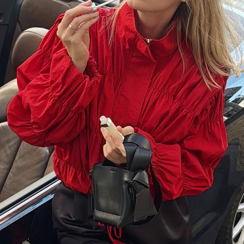 Women Chic Turtleneck Zipper Jackets Autumn Elegant Long Sleeve Pleated Coats for Woman Casual High Street Outerwear Tops Y2k