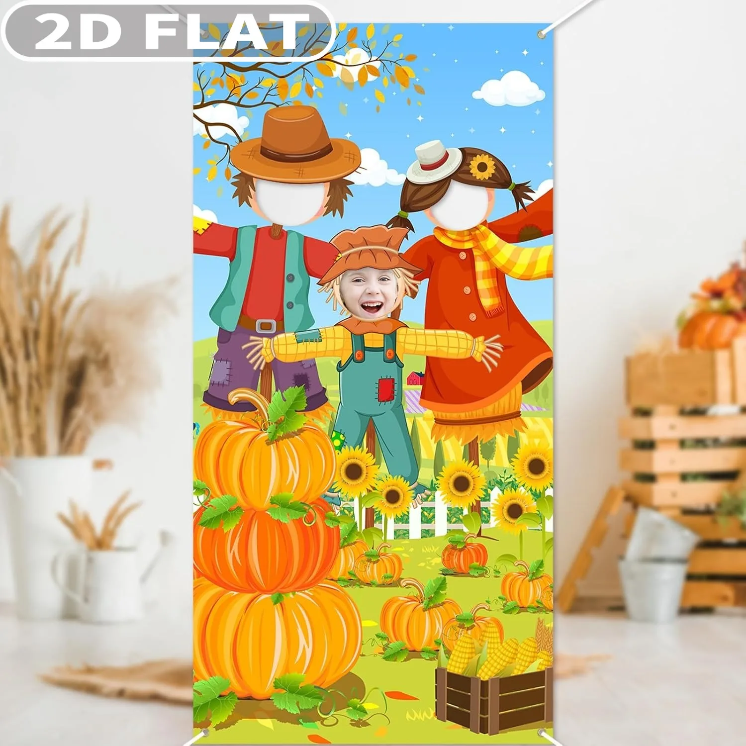 1 قطعة 2D شقة سقوط حفلة صور خلفية راية ، الخريف موضوع زينة الحفلات 3x6ft اليقطين فزاعة راية الوجه انقطاع خلفية #3