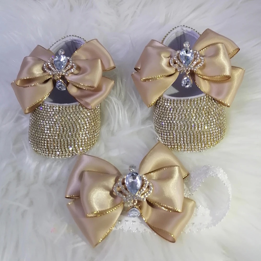 Handmade Bow Rhinestones Baby Girl Kids Shoes Hairband First Walker Sparkle Bling Crystals Princess Shower Gift