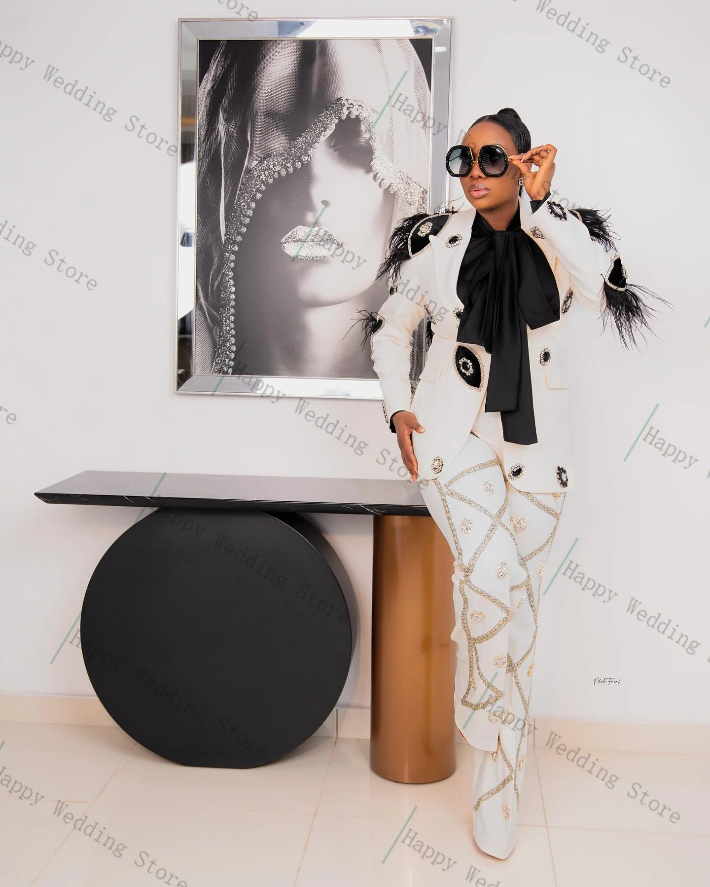 

White Women Suit Set 2 Piece Blazer Pants Trousers Luxury Feather Crystals Cotton Formal Office Lady Customized Jacket Prom Coat