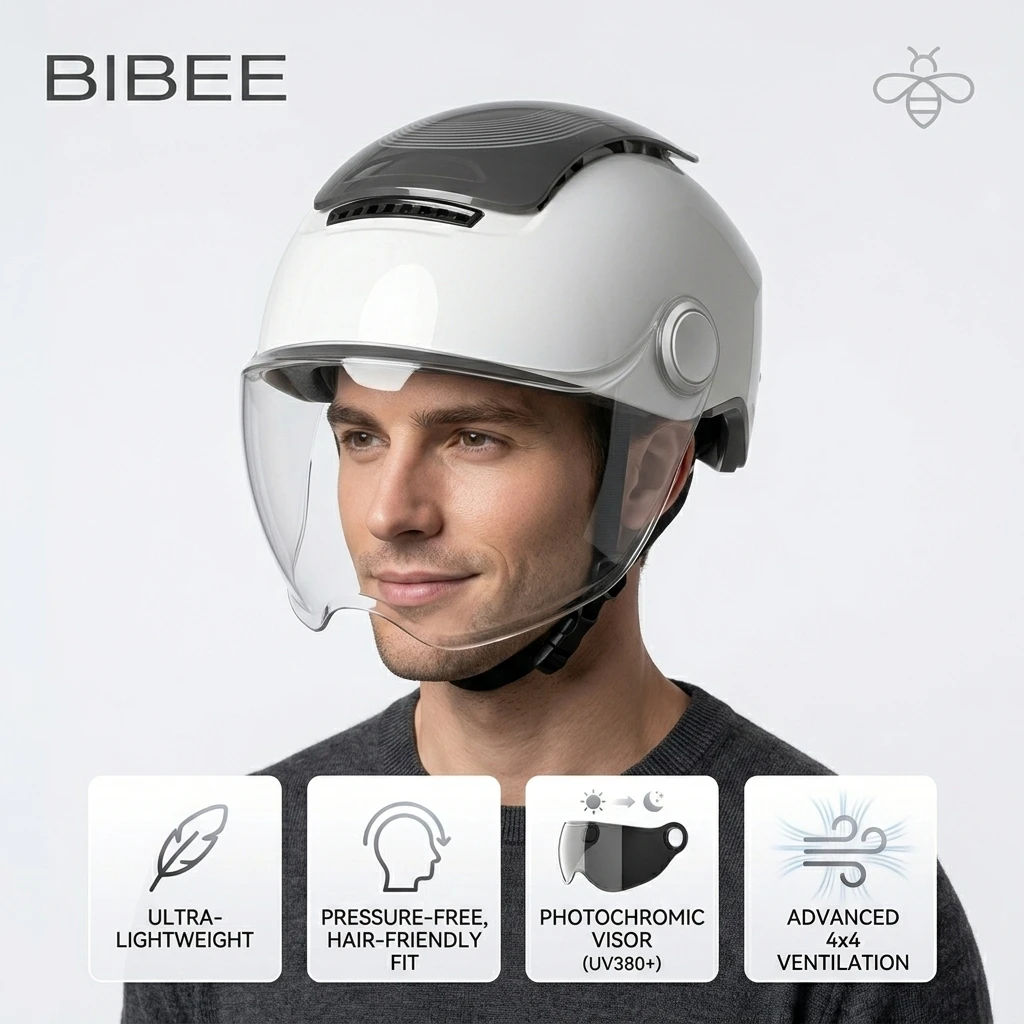 BIBEE Fortschrittlicher E-Bike-Helm für Stadtfahrer, Patentierte AirHuge-Belüftung, Doppelvisiere, Glänzende ABS-Schale, Leichte Sicherheitsausrüstung – Detail 2