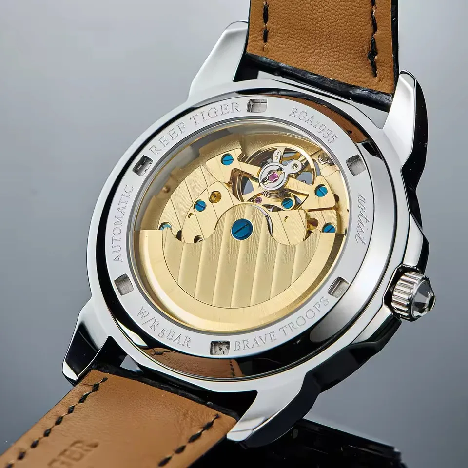 Reef Tiger Men Automatic Watch 42.7mm Luxury Mechanical Wristwatch 50M Waterproof Luminous Pixiu Skeleton Multi Dial
