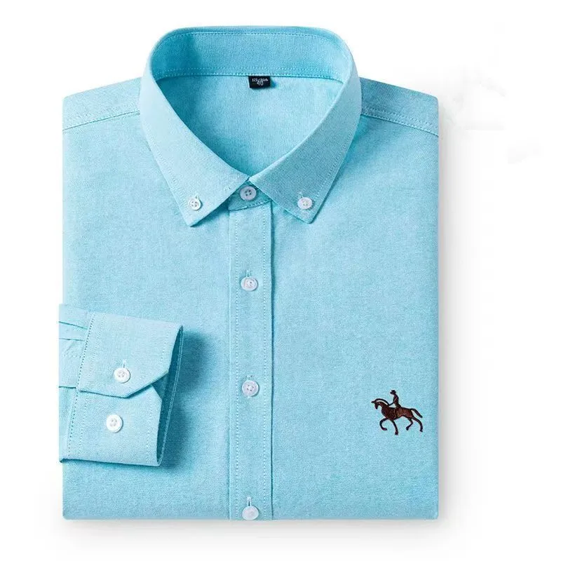 100% Cotton Men's Oxford Shirts Long Sleeve Embroidered Horse Classic Business Regular-Fit Formal Dress Shirts Large Size 6XL