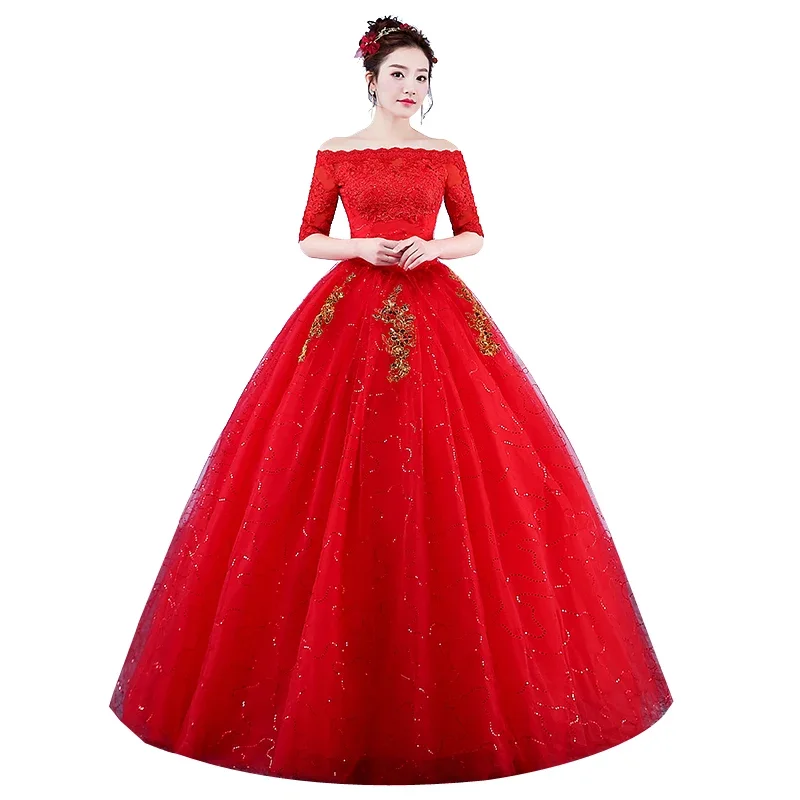 ที่กําหนดเองสีแดง/สีขาวชุดแต่งงาน PLUS ขนาด Lace Up ชุดเจ้าสาว Ball Gowns กลางแขน Vrstidos De Novia ชุดแต่งงาน