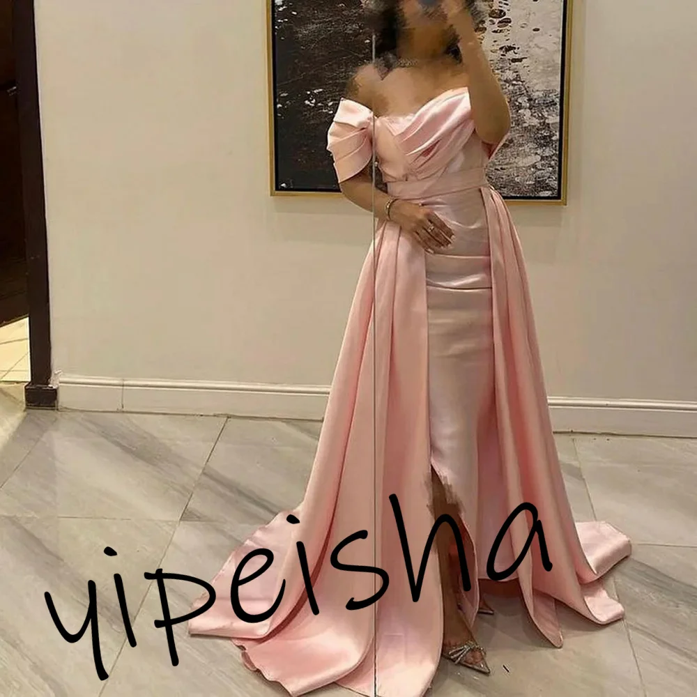 Customized Simple Mermaid Strapless Evening Dresses Off The Shoulder Draped Celebrity Party Gowns Side Slit Satin Formal Gowns