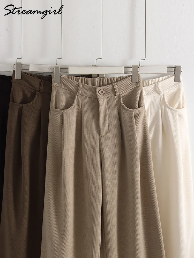 Streamgirl veludo calças retas mulheres cintura alta casual calças de perna larga bege primavera feminino calças marrons vintage formal