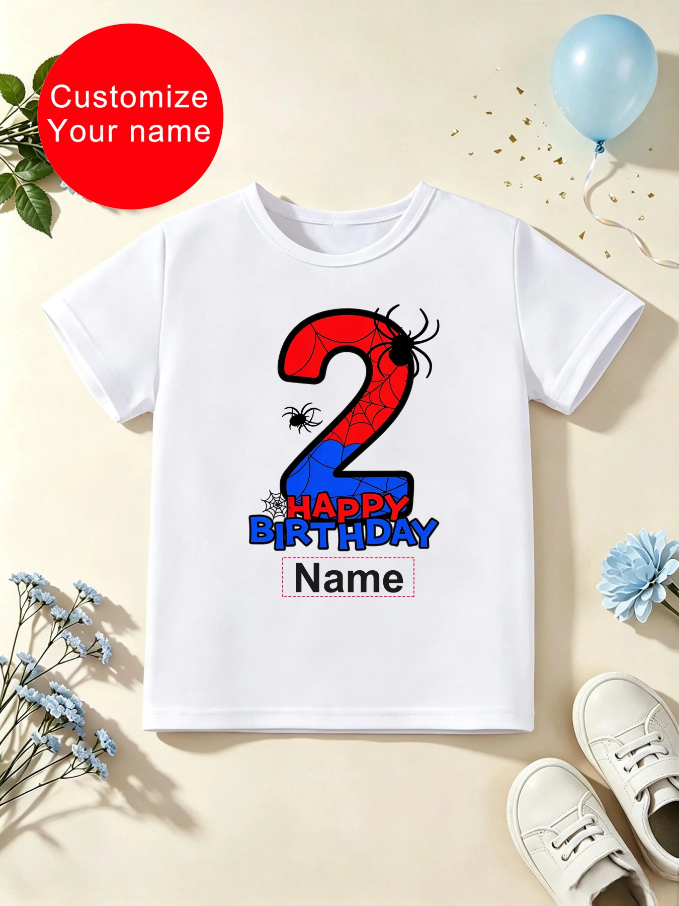 Customize Your Name 2nd Happy Birthday Spider Printed T Shirt Boys Funny Kids Clothes Summer Short Sleeve T-Shirt