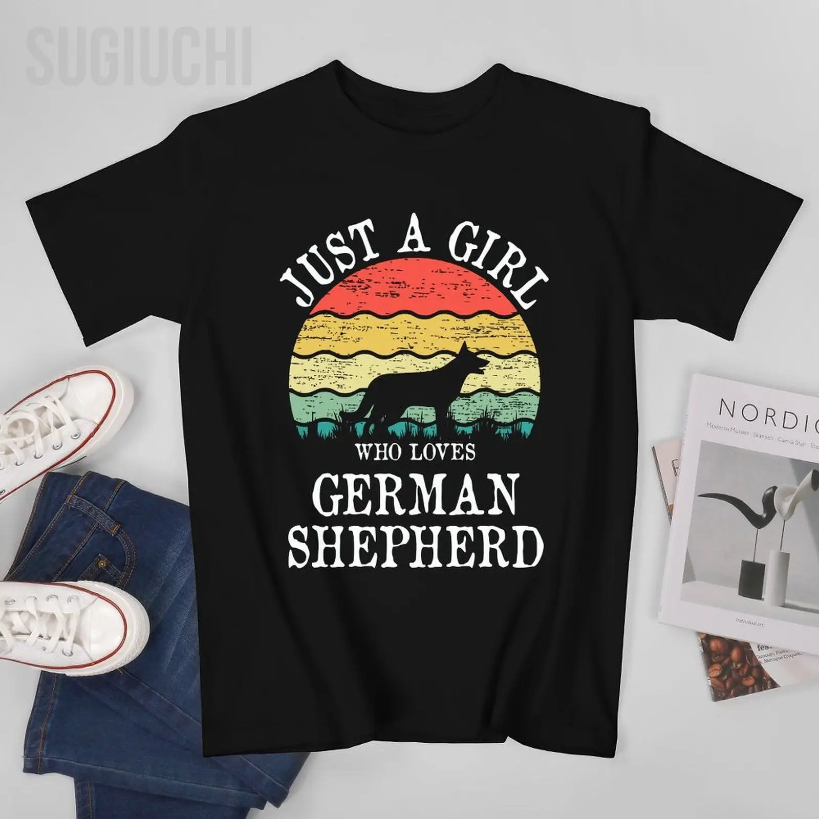 Men German Shepherd Dogs JUST A GIRL Tshirt Tees O-neck T Shirts Women Boys 100% Cotton Short T-Shirt Unisex All Seasons