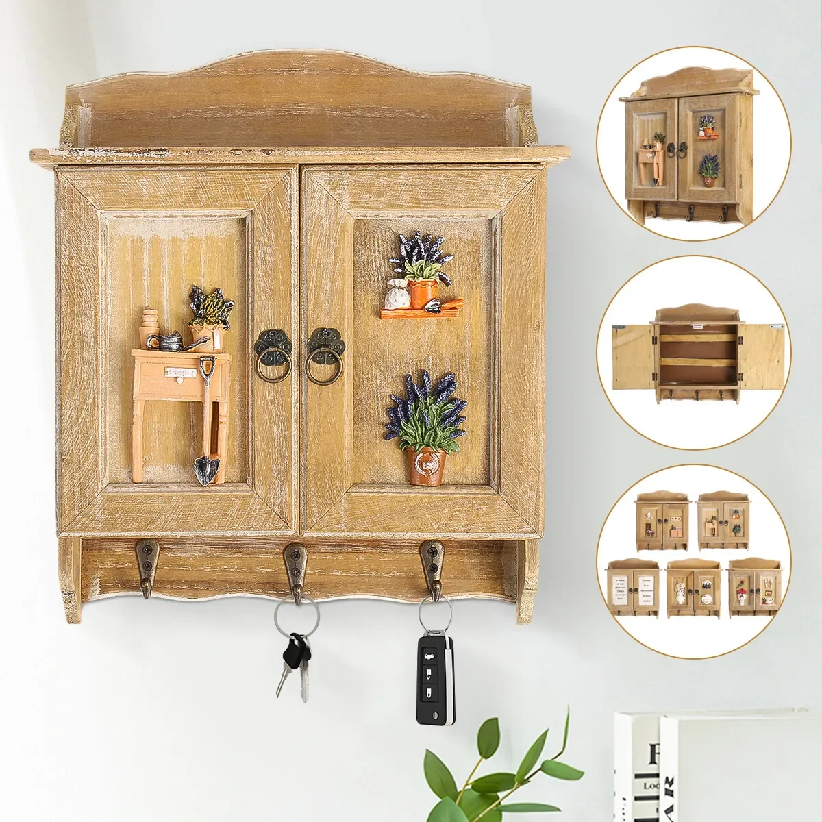 Box Organiser Rack Double Doors For Home Livingroom Decor Retro Wooden Key 9 Hooks Key Cabinet Brackets Holder Wall Mounted