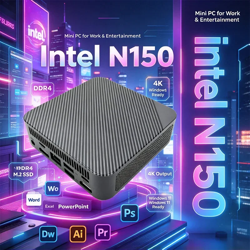 New N150 Mini PC 16GB+2TB High Speed Storage WiFi6 & Bluetooth 5.2 4K Output, Compact Design for Office Work Gaming&Student