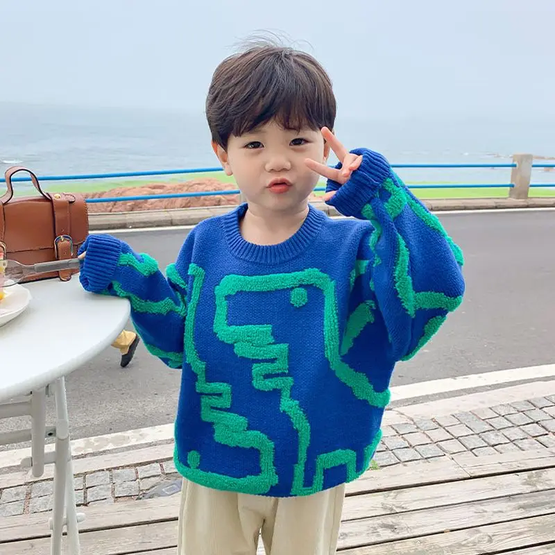 

Boys' Sweater Children's Autumn and Winter Clothes New Thickened Dinosaur Sweater Children Pullover Sweater Men's Top