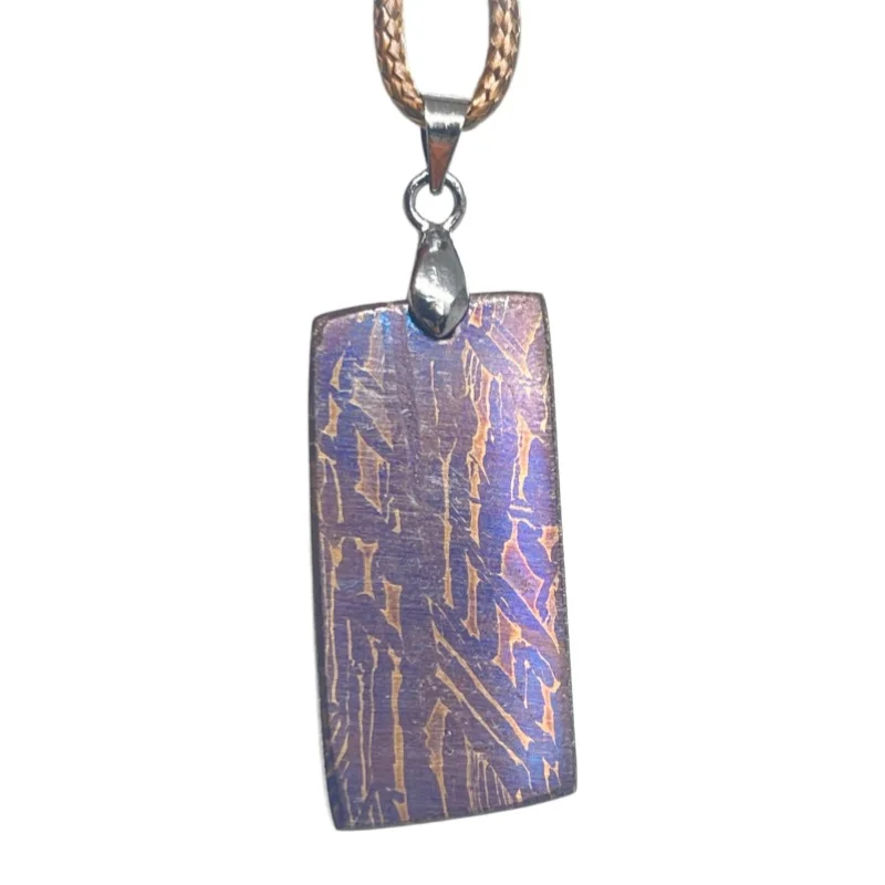 Muonionalusta Iron Meteorite Rectangle Pendant Titanium Color‑Coated Widmanstätten Pattern Braided Rope Necklace LK483