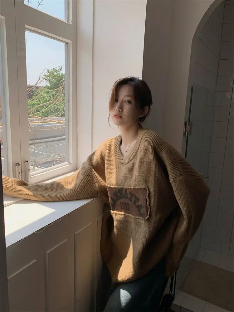 Korean Fashion Autumn Winter Sweater Pullovers for Women Loose Oversized Sweater Letter Knitted Pullovers O Neck