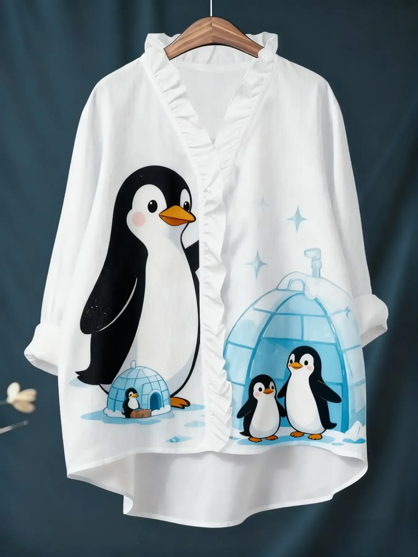 New ladies' Christmas digital printed long sleeved shirt with ruffled collar, Holiday fashion, elegant style,