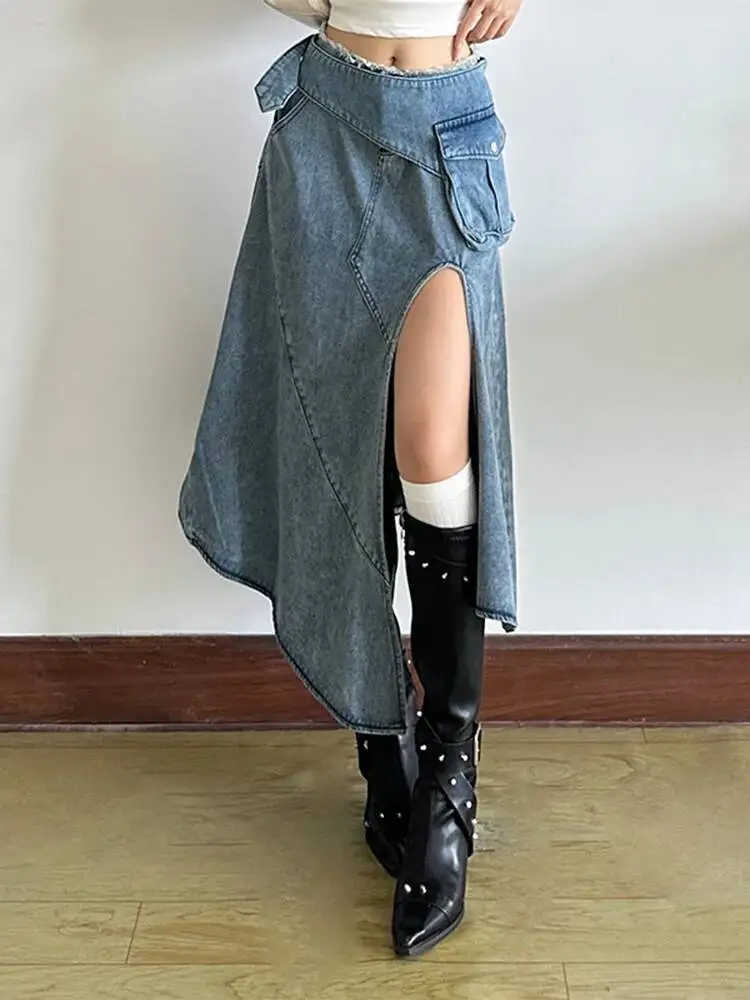 

Blue High Waist Denim Irregular Hem Slit Midi A-line Half-body Skirt Women Fashion New Spring Autumn 2026 ICR8