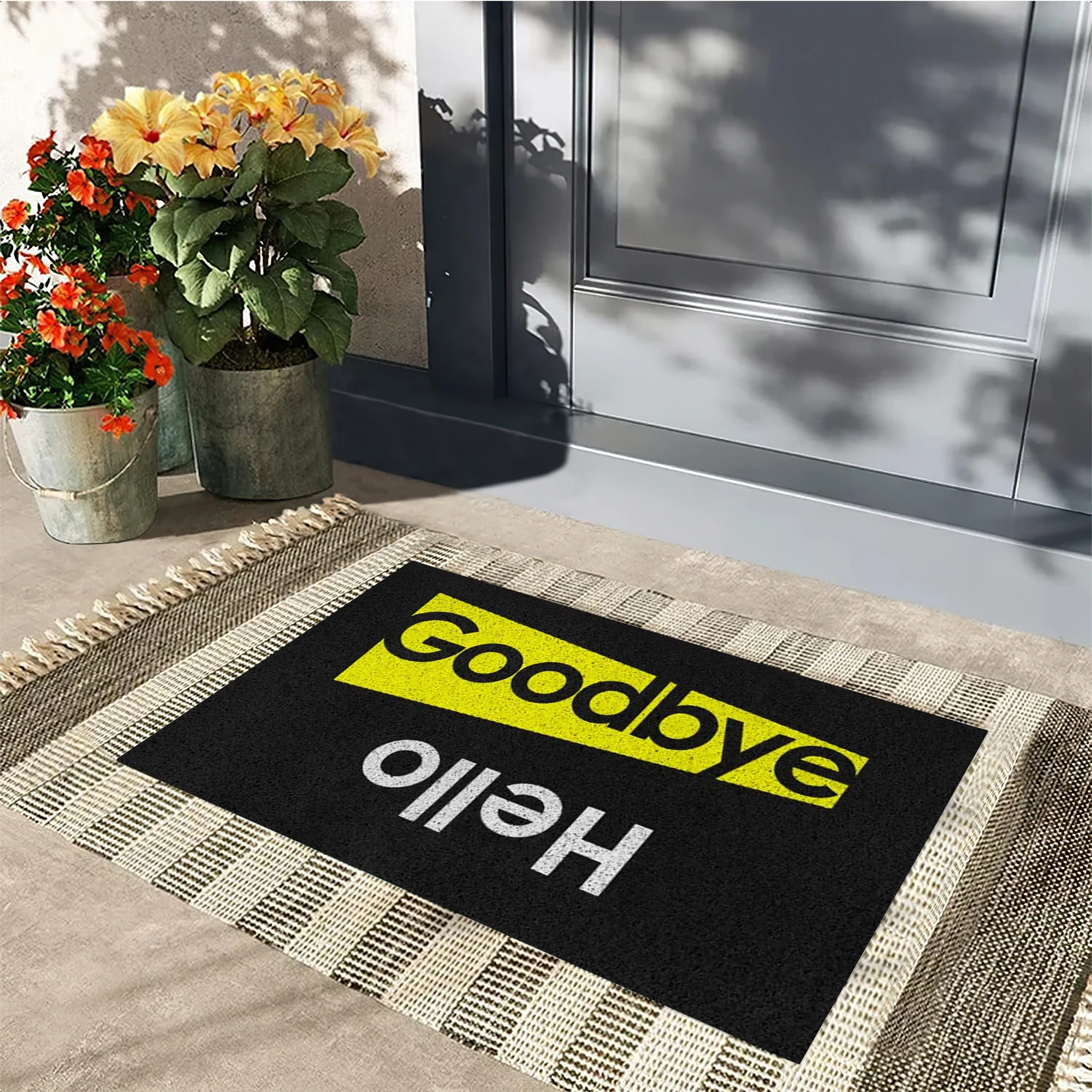 Funny Hello Goodbye Doormat Front Door Mat Non Slip Rubber Back Welcome Mat Creative Reversible Text Doormat Entrance Floor Rug