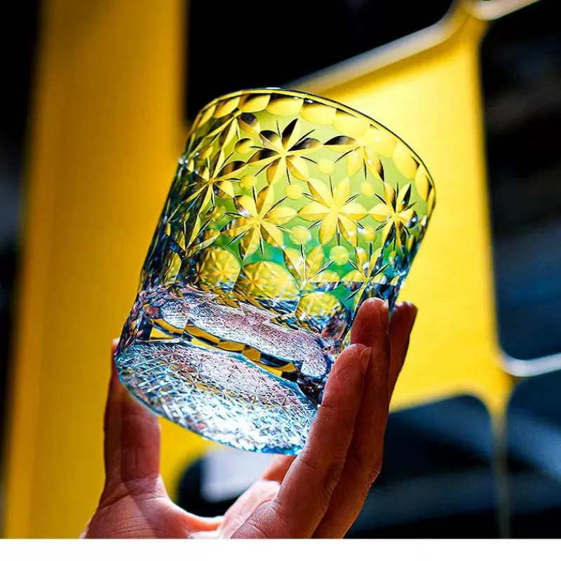 Crystal Whiskey Glass Japanese Edo Kiriko Hand Carved Cherry Blossom Pattern Artwork Old Fashioned Cocktail Cup Dropshipping