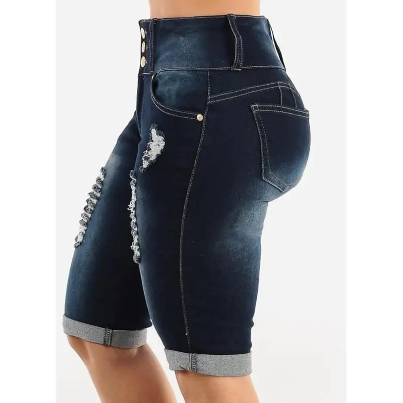 Damskie spodnie dżinsowe Cross-Border New Sle Bermuda, ciemnoniebieskie, modelujące pośladki, w stylu vintage, codzienne, z materiału PVC, o średnio-niskim stanie.