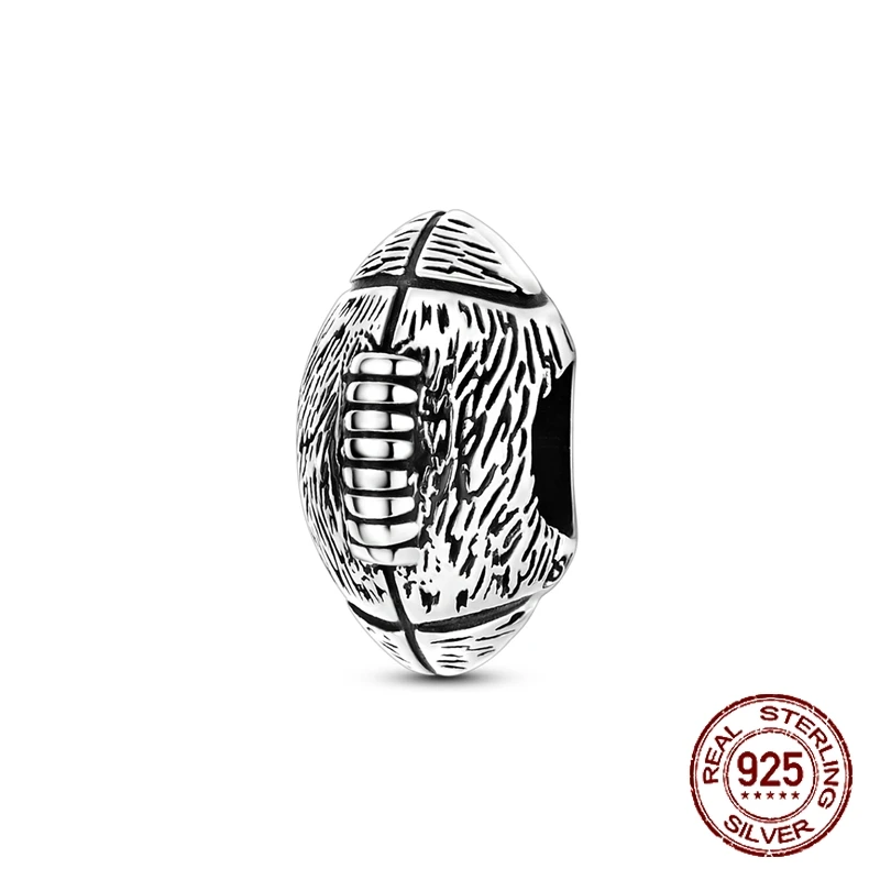 Abalorio de Plata de Ley 925 con Diseño de Balón de Fútbol Americano, Texturizado Vintage con Costuras y Cordones, Compatible con Pulseras, Regalo de Joyería para Hombres y Mujeres