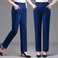 Pantalones vaqueros para mujer de mediana edad con bolsillos bordados, pantalones para mamá con cintura elástica, pantalones vaqueros informales de pierna recta, novedad de primavera 2025
