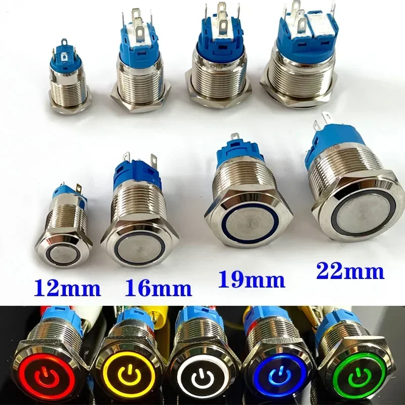 2pc 12/16/19/22mm Waterproof Metal Push Button Switch LED Light Momentary Latching Car Engine Power Switch 5V 12V 24V 220V Blue