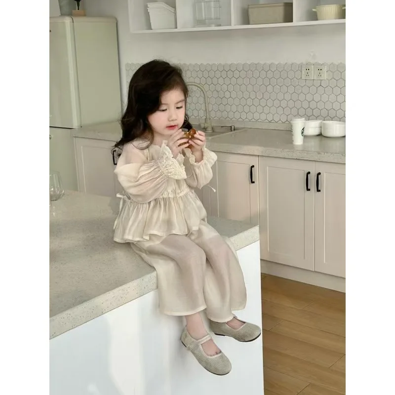 Girls Suit Summer New Korean Fashion Solid Color Thin Lace Shirt Wide Leg Pants Two Piece Set Girls Clothes