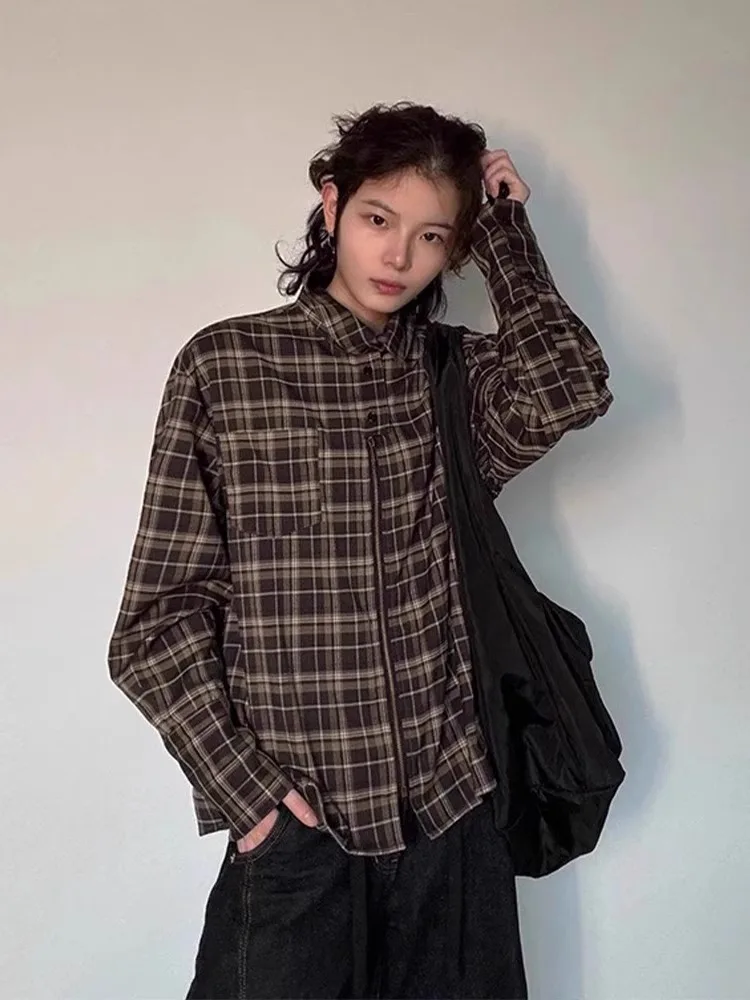 

Ce Brown Zipper Collar irt Long Sve Men's Vintage American Plaid Trendy Spring Youth Faion Casual Outerwear