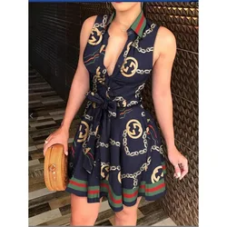 Women's S-2XL size Hot Selling Women's Fashion V-neck Bandage Dress Personality Print Dress Single-breasted Mid-waist Dress