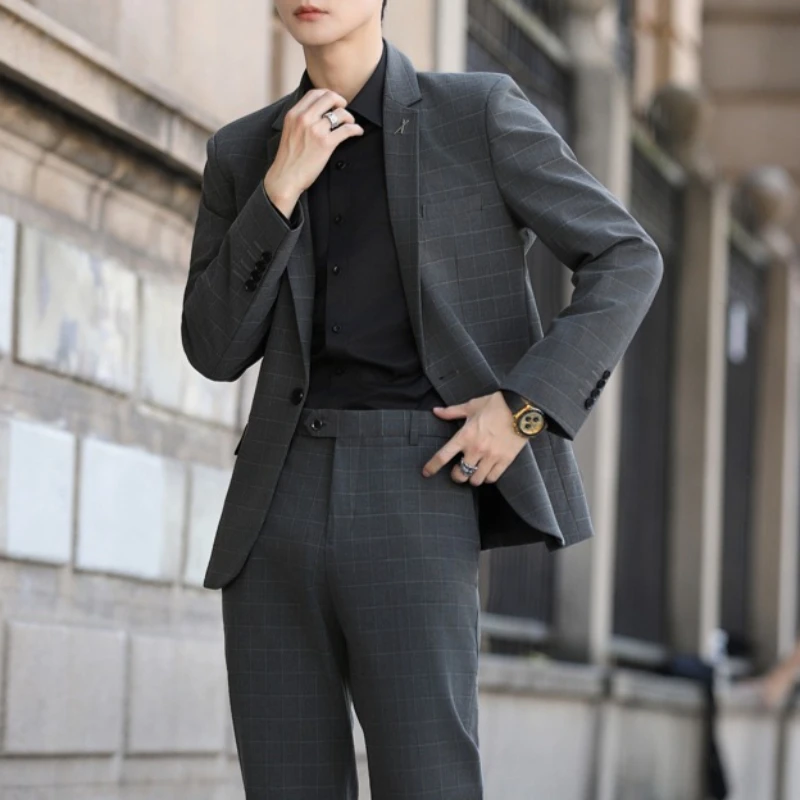 

2026 Classic Plaid 2 Piece Suit Men Wedding Groom Set Blazer Trousers Casual Business Office Work Party Prom Formal Suits M-5XL