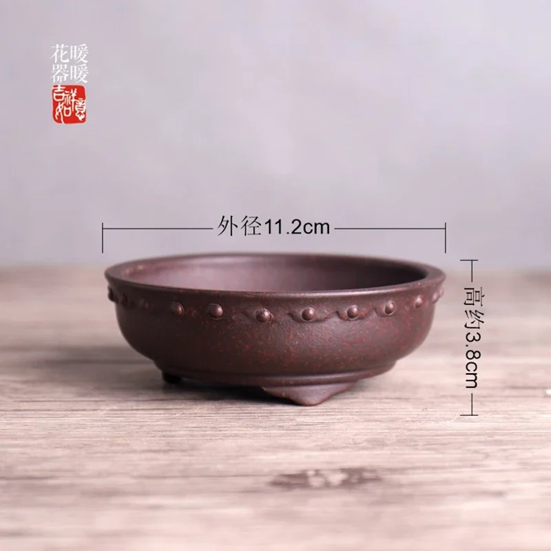 yesCeramic Circle Bonsai Pot, Drum-nail Pattern, Chinese Traditional, Dormitory, Garden, Home Table Decoration