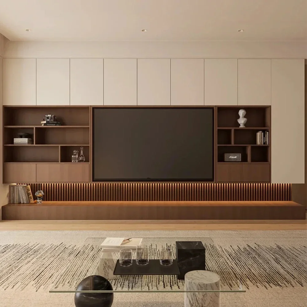 # Mueble de pared con soporte para TV, mueble de sala de estar de diseño moderno personalizado con panel de madera de MDF para hotel o apartamento