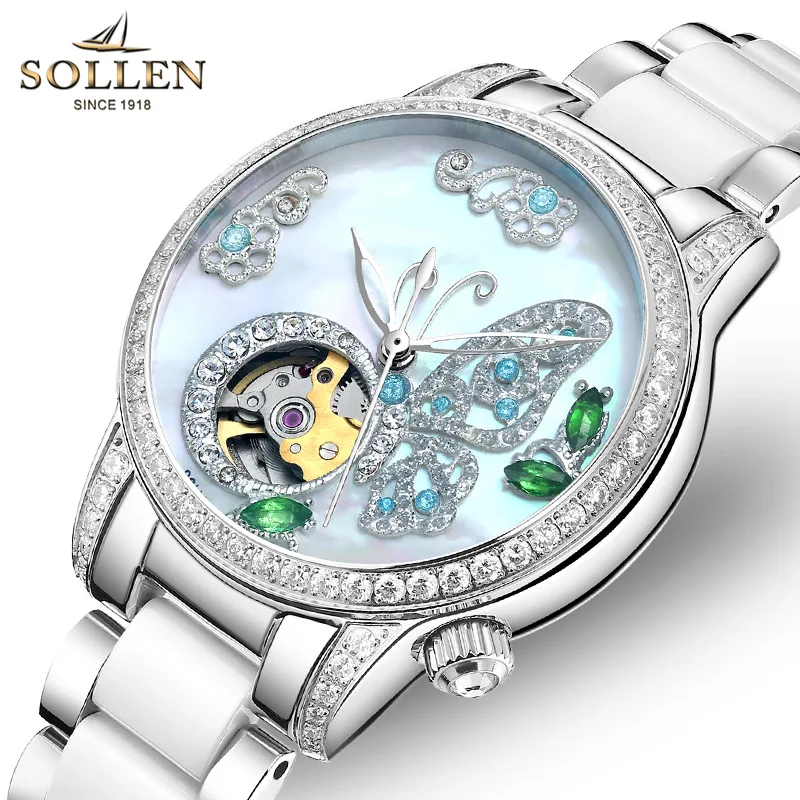 SOLLEN Luxury Sapphire Glass Mirror 2023 New Fashion Diamond Dial High Quality Women Watch Automatic Mechanical Watches Reloj