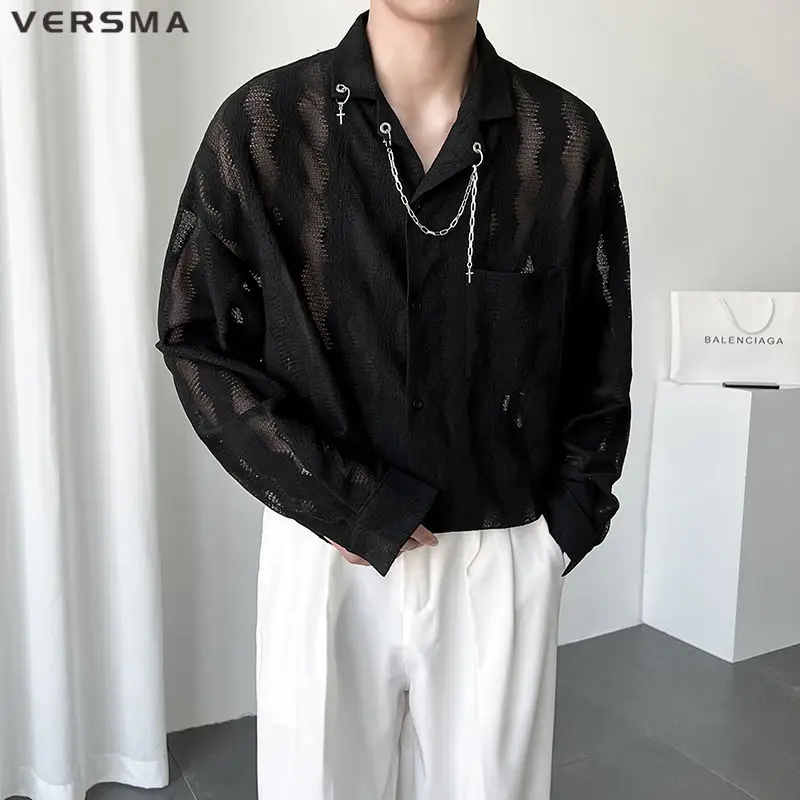 VERSMA Japanese Solid Color Cutout Lace Fairy Shirt Men Summer Mesh Sun Protection Long Sleeve Oversize Shirt Women Dropshipping