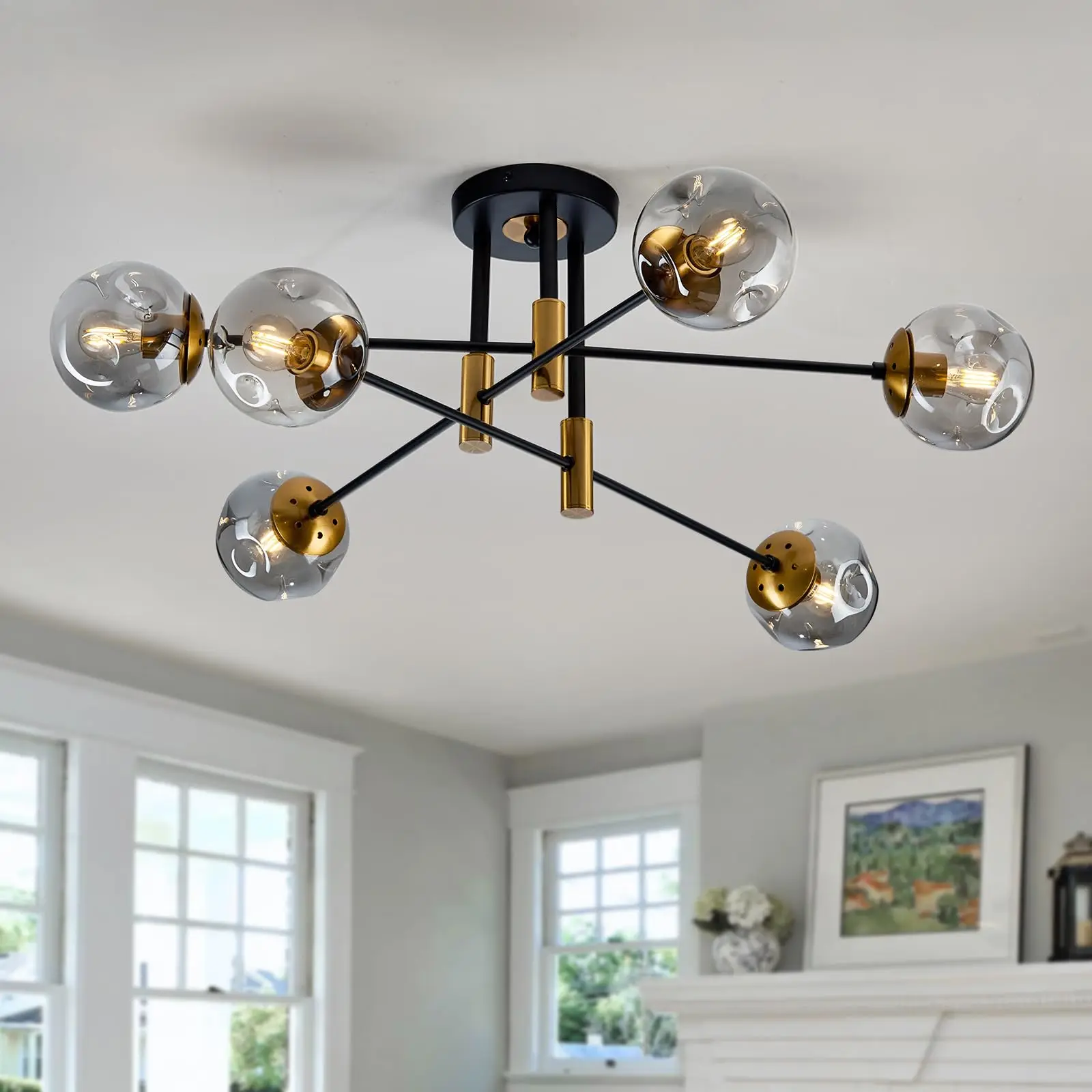 Modern 6 Light Glass Globe Shade Sputnik Chandelier Black Semi Flush Mount Ceiling Light Fixture Living Room Dining Room