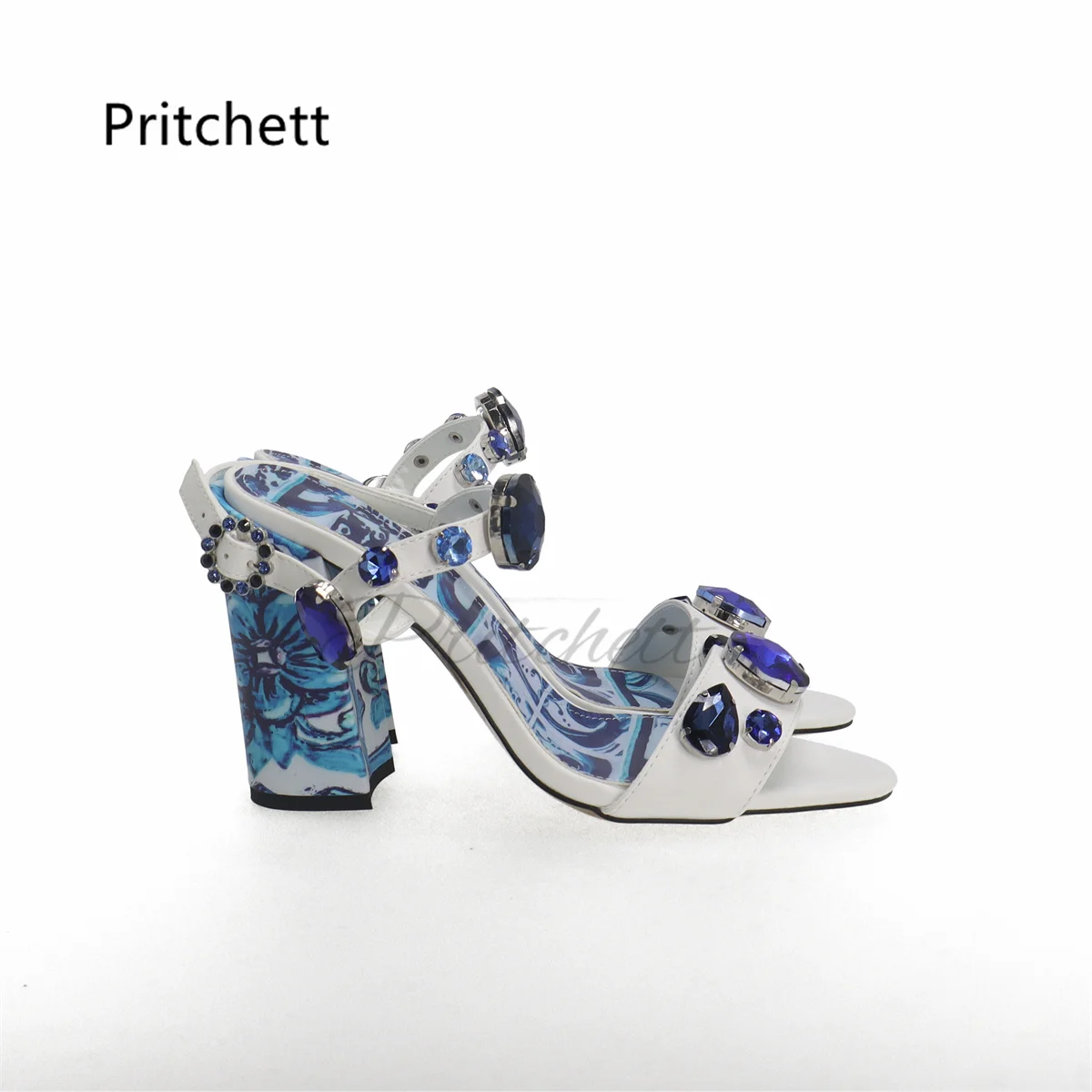 Diamond Blue and White Porcelain Sandals Women Open Toe Print Chunky Heel Summer Shoes Crtstal Bohemian Buckle Strap Sandals